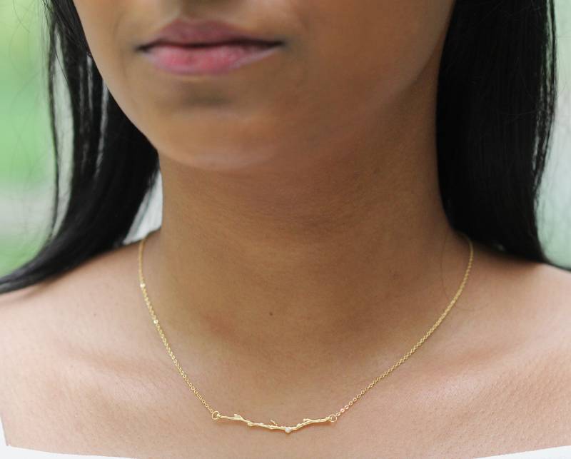 Seed Pearl Rustikal Zweig Halskette Zierlich Lorbeer Olivenblatt Charme Zarte Kette Rose Gold Silber Boho Halsketten Fee Schmuck von avigailadam