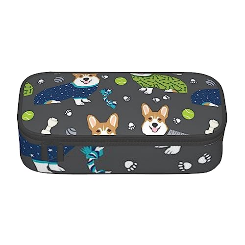 Federmäppchen aus braunem Rindsleder, großes Fassungsvermögen, Stifttasche, Make-up-Tasche für Mädchen, Jungen, Schule, Büro und Reisen, Tragen von Kleidung Corgi Hunde, Einheitsgröße, Schulranzen von avlyn