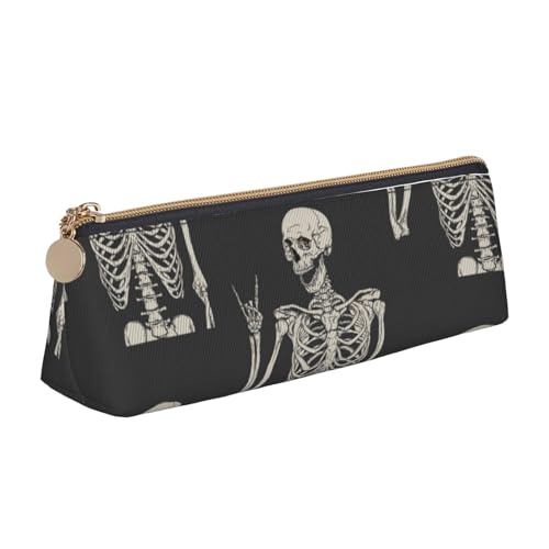 avlyn Dreieckiges Federmäppchen mit Strand- und Sonnenuntergang, Leder-Federmäppchen, Stifttasche, Make-up-Tasche für Damen, Herren, Schule, Büro und Reisen, Skull Rock Roll Skelett Knochen, von avlyn