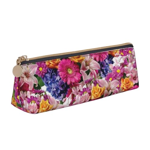 avlyn Dreieckiges Federmäppchen mit Wimpernlippen, Leder-Federmäppchen, Stifttasche, Make-up-Tasche für Damen, Herren, Schule, Büro und Reisen, Rosa Blumen und goldene Rosen, Einheitsgröße, von avlyn