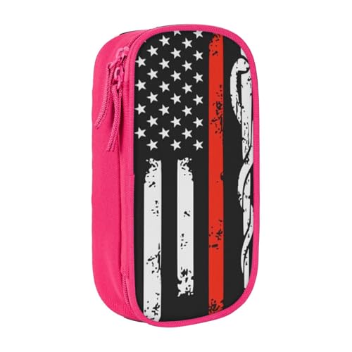 avlyn Federmäppchen, Motiv: Feuerwehrmann, USA-Flagge, großes Fassungsvermögen, Stifttasche, Make-up-Tasche für Mädchen, Jungen, Erwachsene, Schule, Büro und Reisen, Rot gestreift, rose, von avlyn