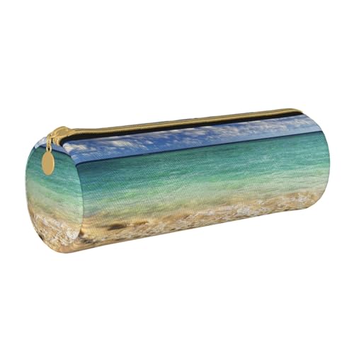 avlyn Federmäppchen mit Libellenmalerei, rundes Federmäppchen, Leder-Federmäppchen, Make-up-Tasche für Damen, Herren, Schule, Büro und Reisen, Strand, blauer Himmel, Meer, Einheitsgröße, Schulranzen von avlyn