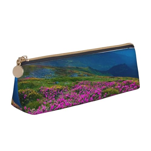 avlyn Federmäppchen mit Pokerturnier-Motiv, dreieckig, Leder, Stifttasche, Make-up-Tasche für Damen, Herren, Schule, Büro und Reisen, Natur, violette Blumen, Wiese, Berge, Landschaft, Einheitsgröße, von avlyn