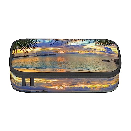 avlyn Federmäppchen mit polynesischem Maori-Stammesmuster, großes Fassungsvermögen, Stifttasche, Make-up-Tasche für Mädchen, Jungen, Schule, Büro und Reisen, Blau, Sonnenuntergang am Strand, von avlyn