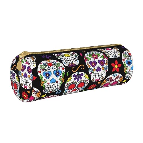 avlyn Rundes Federmäppchen, Motiv: Poker-Turnier, Leder, Stifttasche, Make-up-Tasche für Damen, Herren, Schule, Büro und Reisen, Sugar Skulls, Einheitsgröße, Schulranzen von avlyn