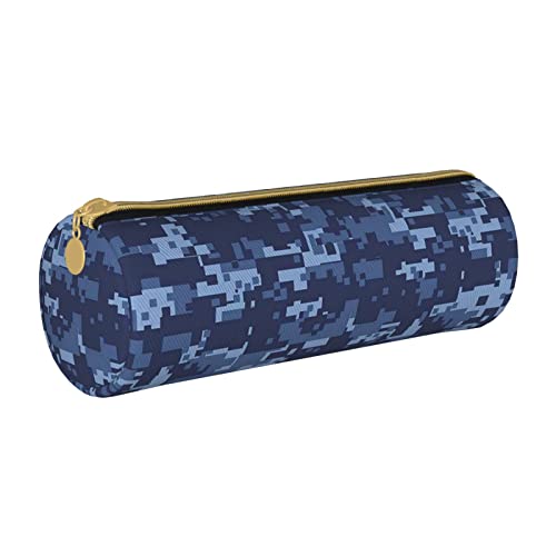 avlyn Rundes Federmäppchen mit Strand und Sonnenuntergang, Leder, Stiftetasche, Make-up-Tasche für Damen, Herren, Schule, Büro und Reisen, Blau Camouflage-Muster, Einheitsgröße, Schulranzen von avlyn