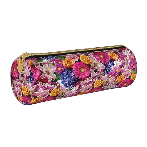 avlyn Rundes Federmäppchen mit Wimpernlippen, Leder-Federtasche, Stifttasche, Make-up-Tasche für Damen, Herren, Schule, Büro und Reisen, Rosa Blumen und goldene Rosen, Einheitsgröße, Schulranzen von avlyn