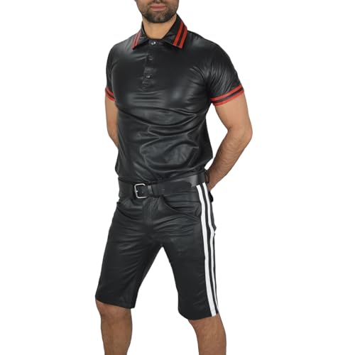 AW-541 Schwarz mit Weissen Streifen Hochwertige Lederhose Kneelan Ledershorts mit Zwei Streifen Leder Shorts.Manner,Herren,Cargo Shorts (Schwarz mit Weissen Streifen, 34) von awanstar