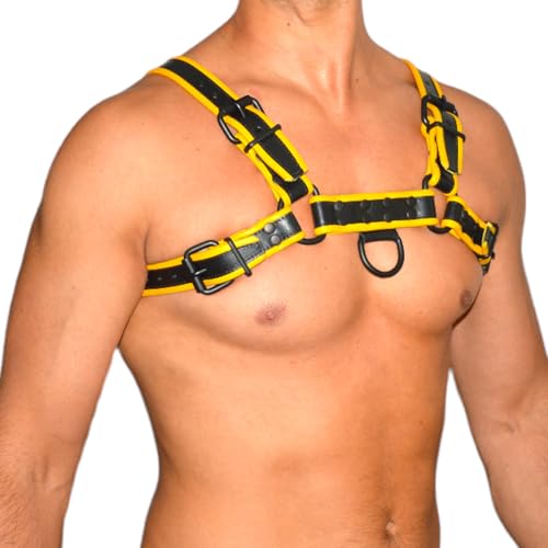 awanstar 6751 Herren Lederharness aus echte mleder mit Gelbem Absatz Brust Harness Punk Männer Brust Geschirr Punk Gothic Fetisch Bandage Kostüme Brustgeschirr (Schwarz mit Gelbem Absatz, L) von awanstar