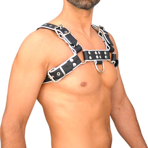 awanstar 6754 Herren Lederharness aus echtem leder mit Blauer paspel Brust Harness Punk Männer Brust Geschirr Punk Gothic Fetisch Bandage Kostüme Brustgeschirr Gay (mit Weißen Paspel, L) von awanstar