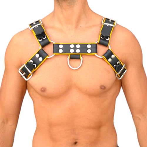 awanstar 6754 Herren Lederharness aus echtem leder mit Gelber paspel Brust Harness Punk Männer Brust Geschirr Punk Gothic Fetisch Bandage Kostüme Brustgeschirr Gay (Schwarz mit Gelber Paspel, XL) von awanstar
