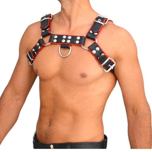 awanstar 6754 Herren Lederharness aus echtem leder mit Roter paspel Brust Harness Punk Männer Brust Geschirr Punk Gothic Fetisch Bandage Kostüme Brustgeschirr Gay (Schwarz mit Roter Paspel, 3XL) von awanstar