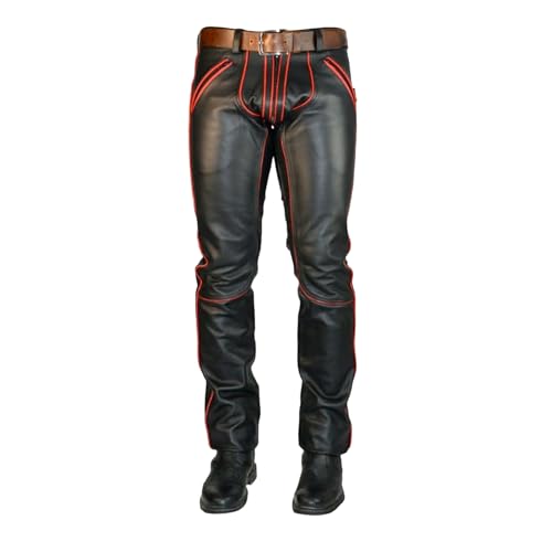 awanstar AW-1122 Lederhose Roten mit Piping Herren Leder Hose aus echtemleder mit 2 Wege Reißverschluss Gay Leather Trousers 2 Way Zipper (DE/NL/SE/PL, Bundweite, 40, Regular, Lang, Roten) von awanstar