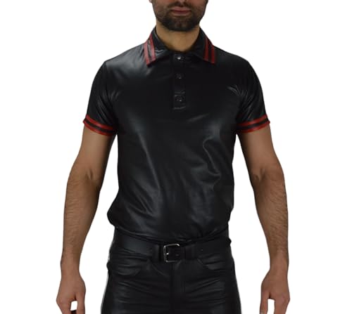 awanstar AW-659 Rot/Weiss Leder Poloshirt mit Streifen Herren lederHemd aus echtemleder (DE/NL/SE/PL, Alphanumerisch, XXL, Regular, Regular, Weiss) von awanstar