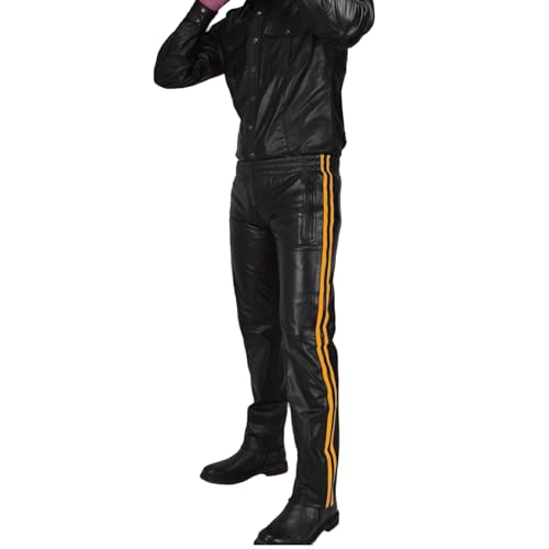 awanstar AW-739 Schwarz mit Gelben Streifen Leder Jogging,Trainingshose (DE/NL/SE/PL, Bundweite, 30, Regular, Lang, Schwarz mit Gelben Streifen) von awanstar