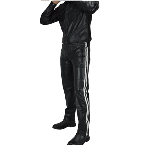 awanstar AW-739 Schwarz mit Weissen Streifen Leder Jogging,Trainingshose (DE/NL/SE/PL, Bundweite, 32, Regular, Lang, Schwarz mit Weissen Streifen) von awanstar