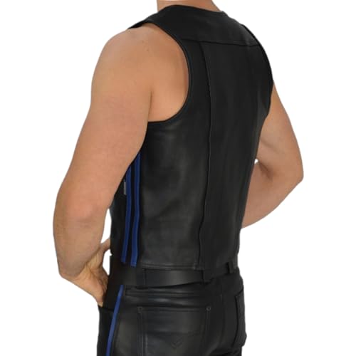 awanstar aw-682 Herren Muscle Weste schwarz mit streifen Blau schmaler Front,Männer Lederweste,Gay Lederweste,Biker weste (Schwarz mit streifen Blau, 3XL) von awanstar
