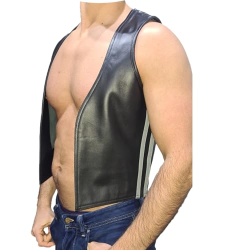 awanstar aw-682 Herren Muscle Weste schwarz mit streifen Grau schmaler Front,Männer Lederweste,Gay Lederweste,Biker weste (Schwarz mit streifen Grau, S) von awanstar