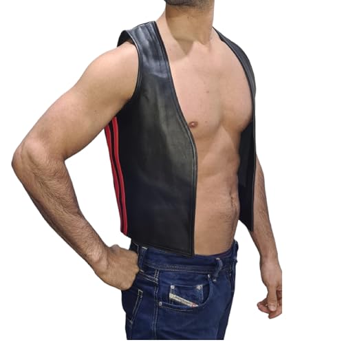 awanstar aw-682 Herren Muscle Weste schwarz mit streifen Rot schmaler Front,Männer Lederweste,Gay Lederweste,Biker weste (L, Schwarz mit streifen Rot) von awanstar
