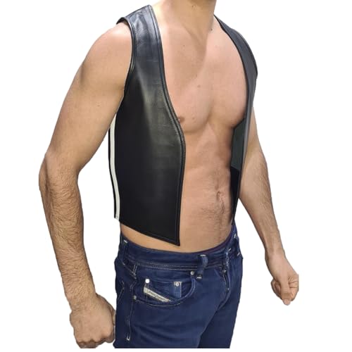 awanstar aw-682 Herren Muscle Weste schwarz mit streifen Weiss schmaler Front,Männer Lederweste,Gay Lederweste,Biker weste (Schwarz mit streifen Weiss, S) von awanstar