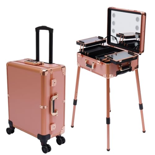 awolsrgiop Kosmetikkoffer Trolley, 3 in 1 Profi Schminkkoffer Kosmetik Koffer 4 Rollen, 3-Lagen Make-up Koffer Beauty Case mit Große Klarspiegel und 8 LED-Lampen, verstellbare Beine (Roségold) von awolsrgiop