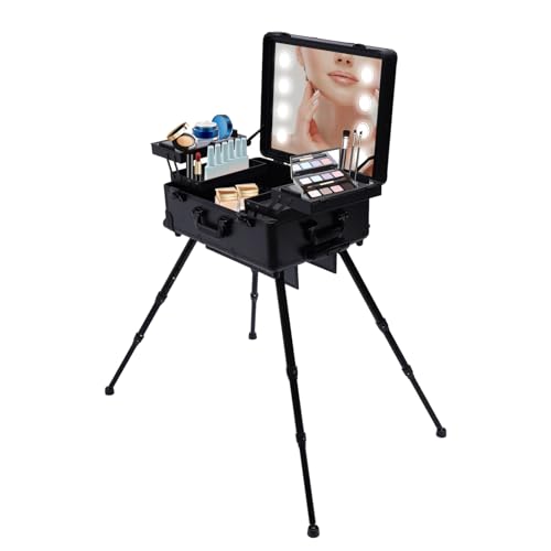 awolsrgiop Kosmetikkoffer Trolley, 3 in 1 Profi Schminkkoffer Kosmetik Koffer 4 Rollen, 3-Lagen Make-up Koffer Beauty Case mit Große Klarspiegel und 8 LED-Lampen, verstellbare Beine (Schwarz) von awolsrgiop