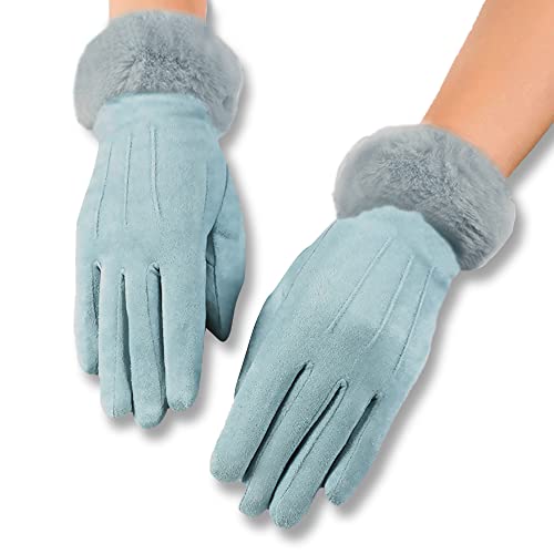 axelens Damen Winter Touchscreen Kunstlederhandschuhe, Super Weich, Warme und Elegant aus Wildleder, Ärmel in ökologischem Weichpelz für Smartphone, Handy Größe S/M – HELLBLAU von AXELENS