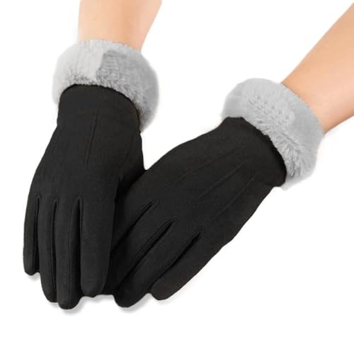 axelens Damen Winter Touchscreen Kunstlederhandschuhe, Super Weich, Warme und Elegant aus Wildleder, Ärmel in ökologischem Weichpelz für Smartphone, Handy Größe S/M – SCHWARZ/ÄRMEL GRAU von AXELENS