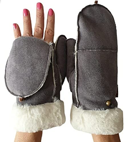 AXELENS Warme Handschuhe Frauen Winter Zu Öffnende Fäustlinge Elegant Komfortable Eco Wildleder S/M DUNKELGRAU von AXELENS