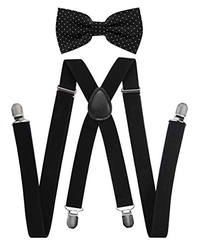 axy Herren Hosenträger mit Fliege im 2er Set - 4 Stabile Clips -X-Form (Schwarz Hosenträger+Schwarz mit Weiße Punkten Fliege) von axy fashion and more