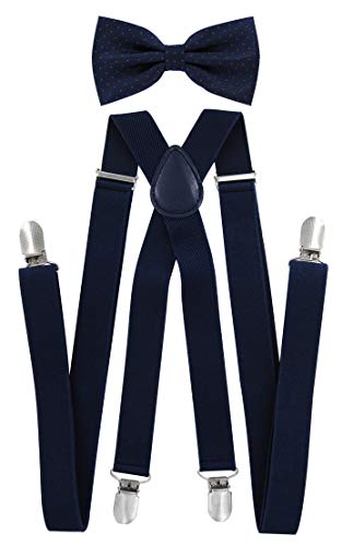 axy Herren Hosenträger mit Fliege im 2er Set - 4 Stabile Clips -X-Form (Schwarzblau Hosenträger+Schwarzblau mit Blaue Punkten Fliege) von axy fashion and more