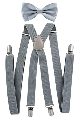 axy® Herren Hosenträger mit Fliege - 4 Starken Clips X-Form (Grau (Hosenträger Breit 2,5cm)) von axy