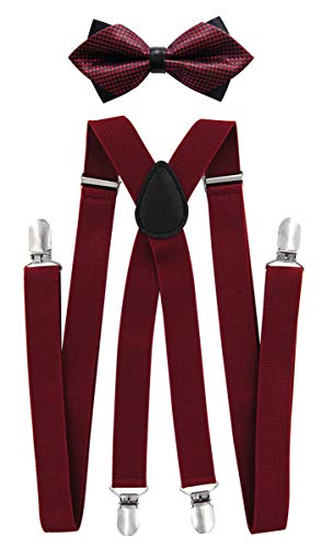 axy® Herren Hosenträger mit Fliege - 4 Starken Clips X-Form HFLI3 (Weinrote Hosenträger Breit 2,5cm + Fliege Nr.13) von axy