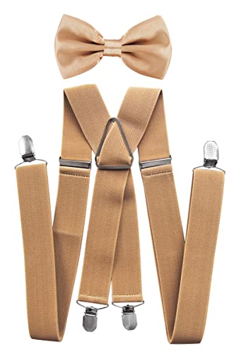 axy® Hochwertige Herren Hosenträger mit Fliege - 4 Starken Clips X-Form (Beige (Hosenträger Breit 3,5cm)) von axy