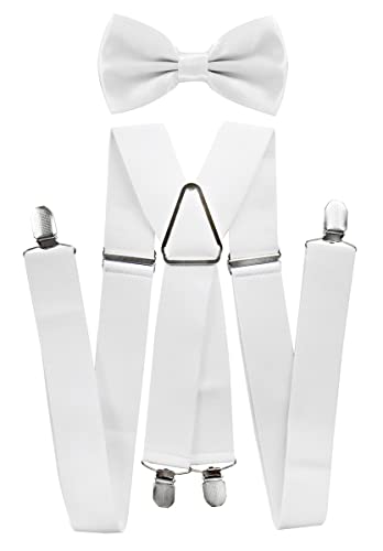 axy® Hochwertige Herren Hosenträger mit Fliege - 4 Starken Clips X-Form (Weiss (Hosenträger Breit 3,5cm)) von axy