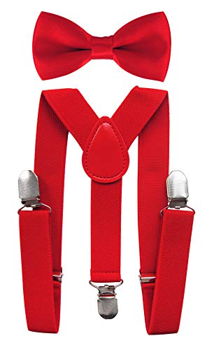 axy® Hochwertige Kinder Hosenträger-Y Form mit Fliege- 3 Clips EXTRA STARK-Uni Farben (Rot) von axy
