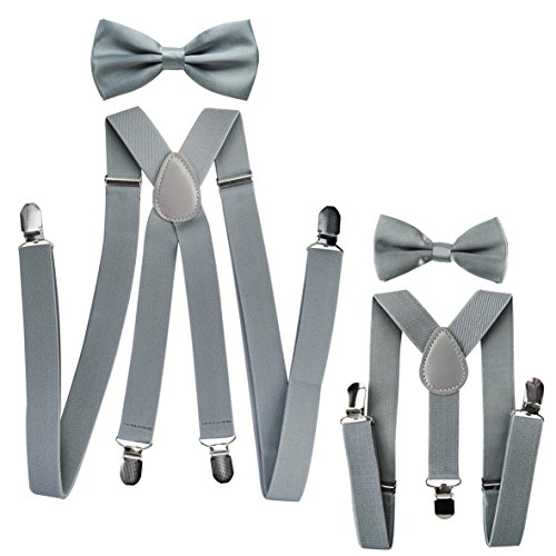 axy® Vater-Sohn Partnerlook Hosenträger mit Fliege Set für Herren-Damen-Kinder (Grau (Herren 2,5cm + Kinder Hosenträger Breit 2,5cm)) von axy