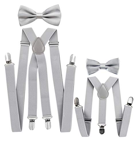 axy® Vater-Sohn Partnerlook Hosenträger mit Fliege Set für Herren-Damen-Kinder (Lichtgrau (Herren 2,5cm + Kinder Hosenträger Breit 2,5cm)) von axy