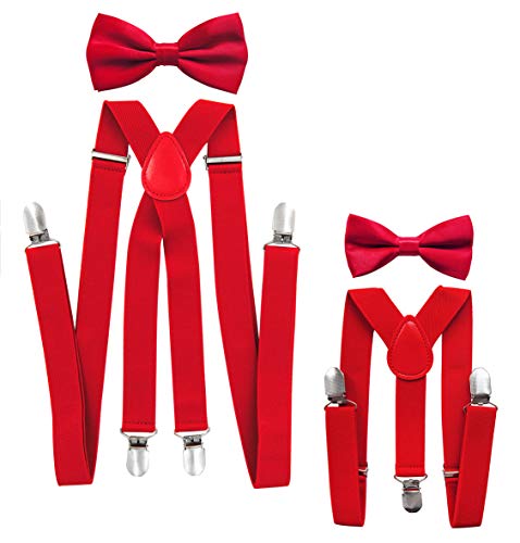 axy® Vater-Sohn Partnerlook Hosenträger mit Fliege Set für Herren-Damen-Kinder (Rot (Herren 2,5cm + Kinder Hosenträger Breit 2,5cm)) von axy