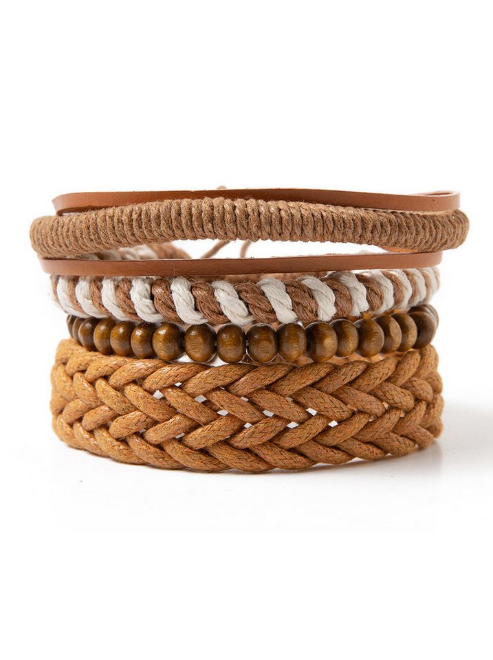 axy Armband Herren Armband Set Lederarmband (4-St, 4er Set, HE-AR-SET), Geflochtene Lederarmbänder Holz Leder Perlenarmband Einstellbar Mode von axy
