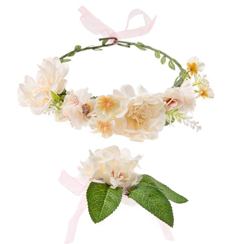 axy Blumenkranz Diadem Haarkranz Damen Mädchen (Blumenkranz und Blumenarmband als Set), Verstellbarer für Hochzeit Karneval Festival Blumen Haarreifen Stirnband Haarband Haarschmuck (Beige) von axy