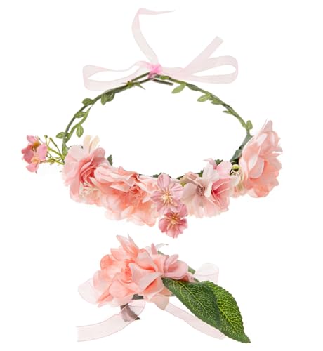 axy Blumenkranz Diadem Haarkranz Damen Mädchen (Blumenkranz und Blumenarmband als Set), Verstellbarer für Hochzeit Karneval Festival Blumen Haarreifen Stirnband Haarband Haarschmuck (Rosa) von axy