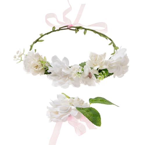 axy Blumenkranz Diadem Haarkranz Damen Mädchen (Blumenkranz und Blumenarmband als Set), Verstellbarer für Hochzeit Karneval Festival Blumen Haarreifen Stirnband Haarband Haarschmuck (Weiss) von axy