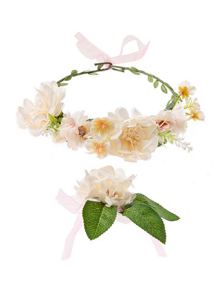 axy Diadem Haarkranz Blumen Blumenkranz Damen Mädchen Stirnband (Blumenkranz und Blumenarmband als Set), Verstellbarer für Hochzeit Karneval Festival von axy