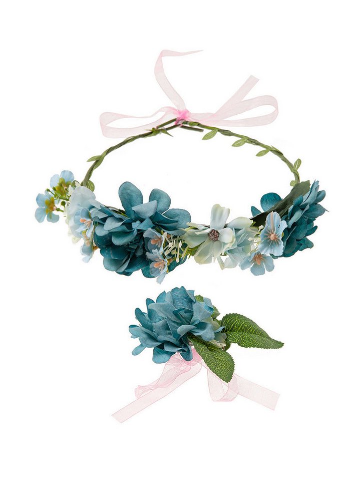 axy Diadem Haarkranz Blumen Blumenkranz Damen Mädchen Stirnband (Blumenkranz und Blumenarmband als Set), Verstellbarer für Hochzeit Karneval Festival von axy