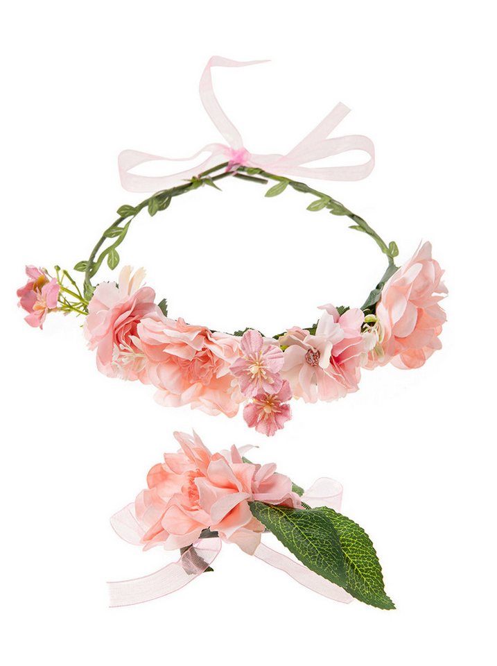 axy Diadem Haarkranz Blumen Blumenkranz Damen Mädchen Stirnband (Blumenkranz und Blumenarmband als Set), Verstellbarer für Hochzeit Karneval Festival von axy