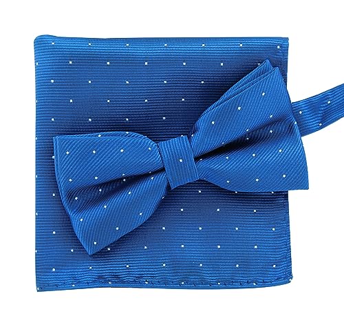 axy Fliege mit Einstecktuch als Set zum Anzug, bereits vorgebunden, Herren Fliege im Geschenkbox (Blau Weiß Gepunktet) von axy
