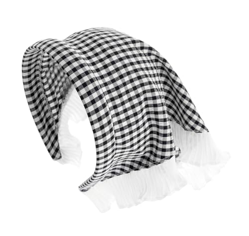 axy Haarreif mit integriertem Dreiecks-Kopftuch mit Spitze Kariert Wunderschön Damen Stirnband Haarschmuck Haarreifen Bandana Haarschal Oktoberfest Magd-Kostüm HRTUCH (Schwarz-Weiss Kariert) von axy