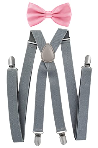 axy Herren Hosenträger mit Fliege - 4 Starken Clips X-Form (Grau (Hosenträger Breit 2,5cm)+Pinke Fliege) von axy