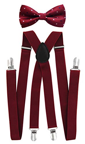 axy Herren Hosenträger mit Fliege - 4 Starken Clips X-Form (Weinrot (Hosenträger Breit 2,5cm)+Fliege Bunt Nr.7) von axy